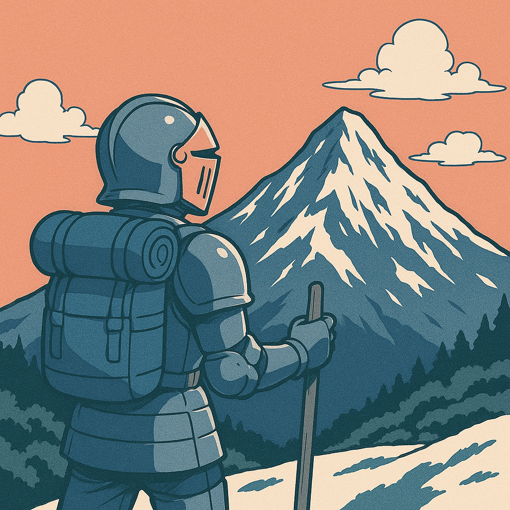 Aventurier en armure observant une montagne à gravir