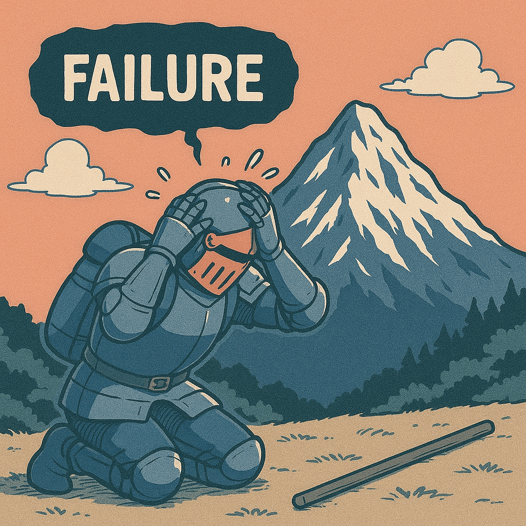 Aventurier en armure à genoux avec bulle 'Failure' et montagne en arrière-plan