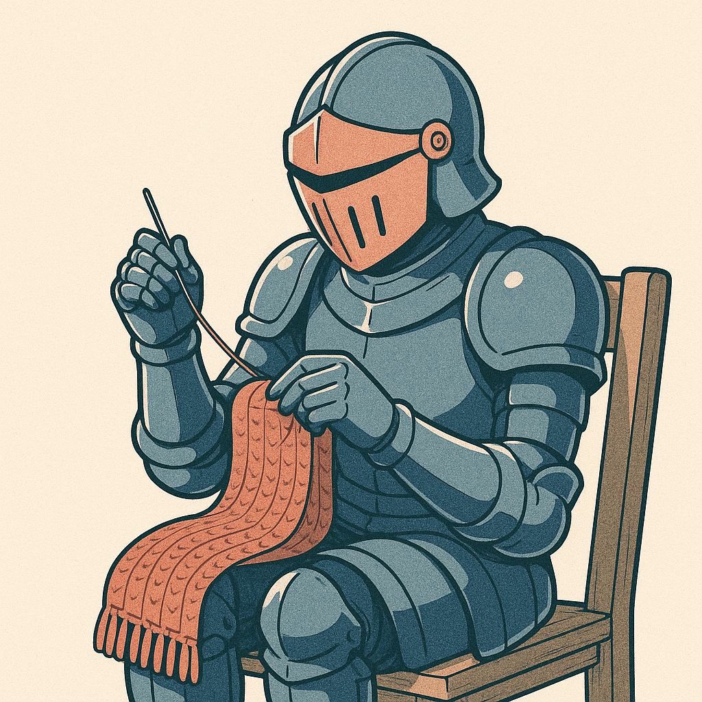 Aventurier en armure cousant une écharpe