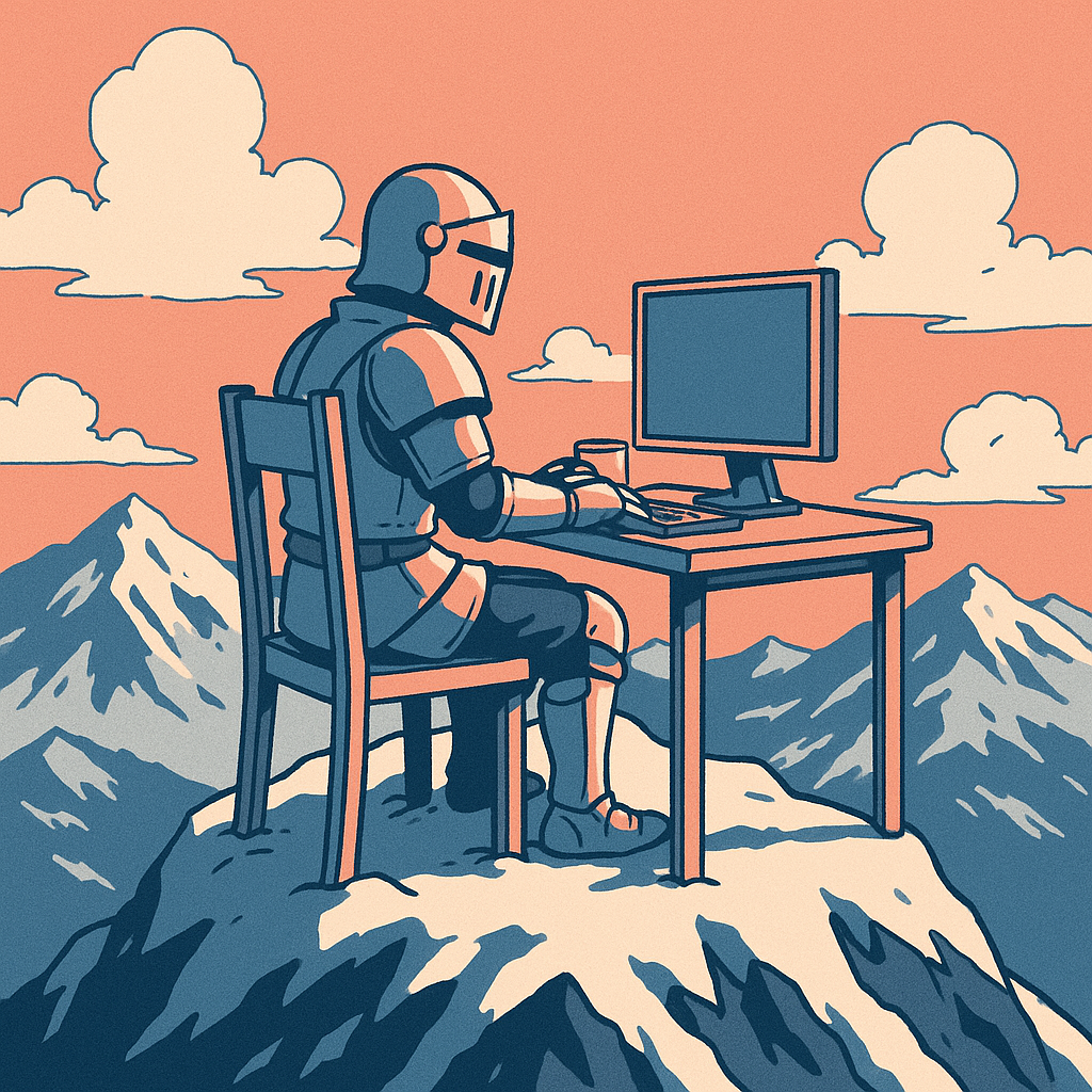 Aventurier en armure assis sur un sommet jouant sur un PC