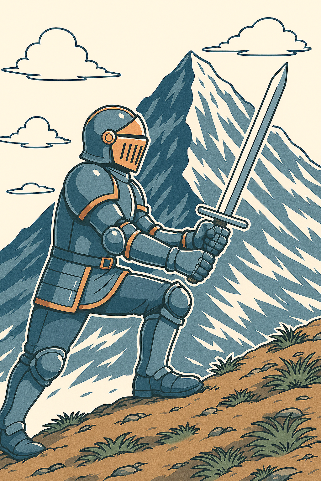 Aventurier en armure grimpant la montagne, épée à la main