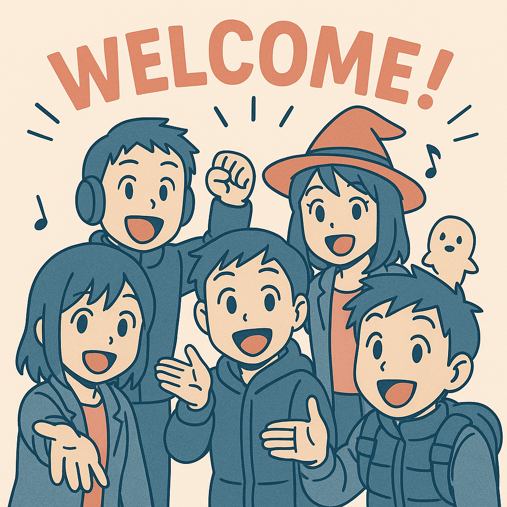 Groupe de membres chaleureux accueillant avec notes de musique et 'WELCOME!'