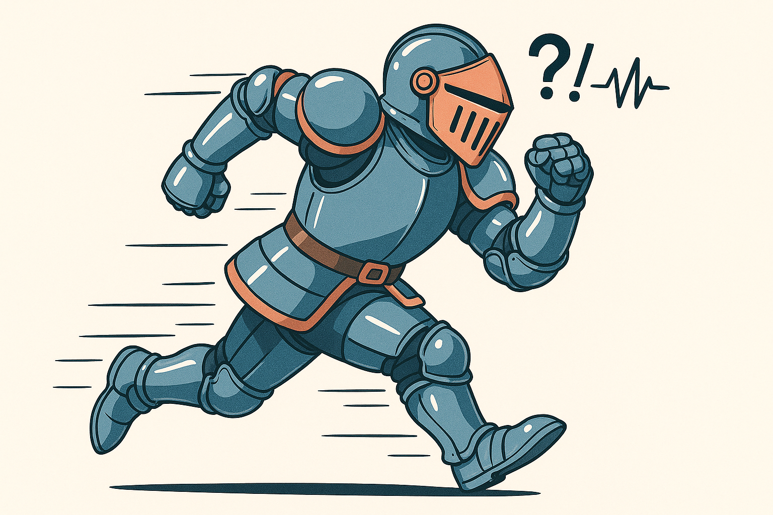 Aventurier en armure courant avec point d'interrogation et d'exclamation