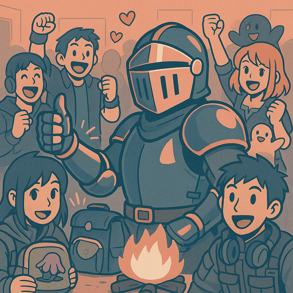 Aventurier en armure pouce levé, entouré de membres autour d'un feu de camp avec icônes gaming