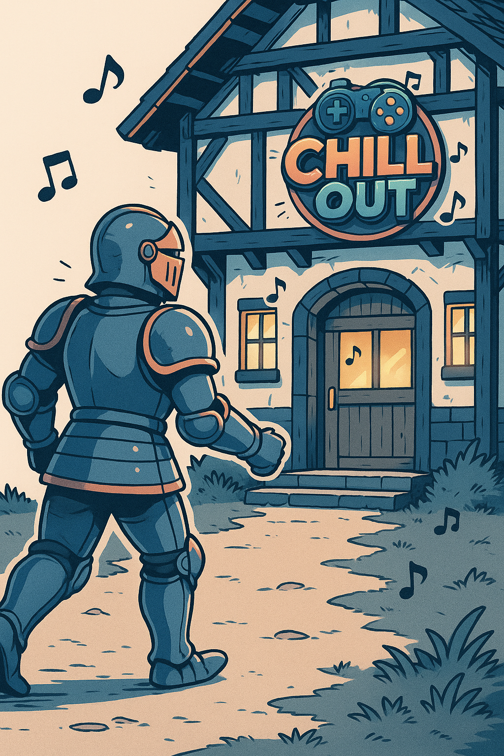 Aventurier en armure devant une auberge 'ChillOut' avec notes de musique