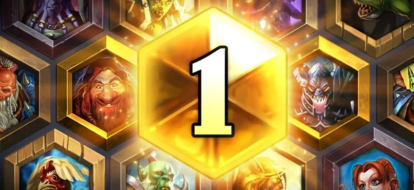 Portraits de héros Hearthstone en arrière-plan et hexagone doré avec "1" au premier plan