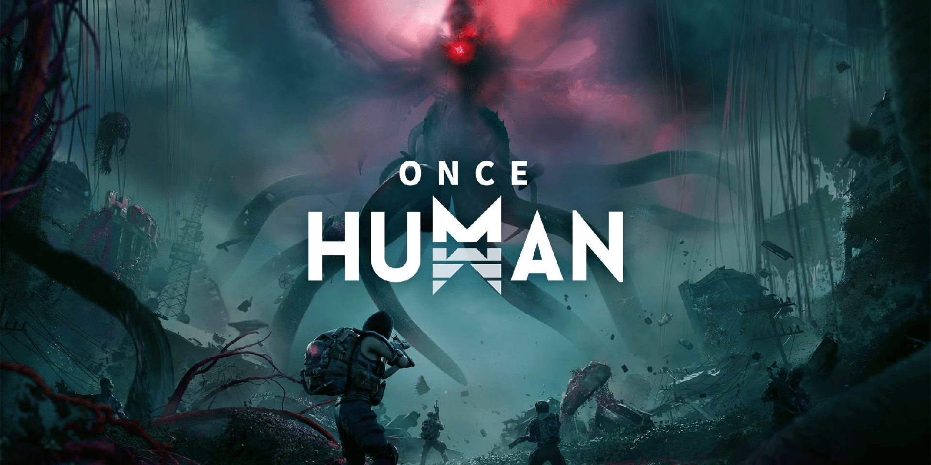 Viens jouer à Once Human avec la commu ChillOut Personnages menacés par Déviant armés dans décor post-apo