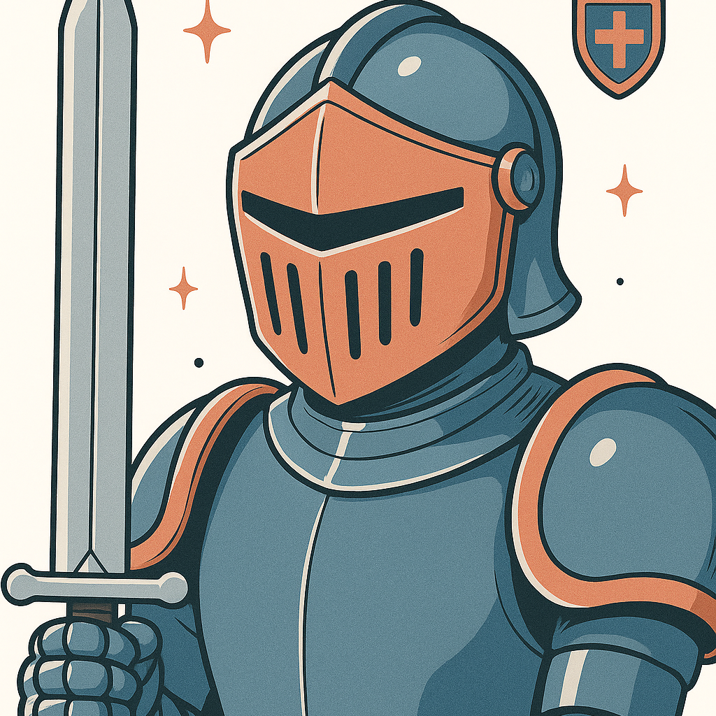 Membre - Aventurier Le portrait d'un aventurier en armure avec casque tenant en main droite une épée dans un style bande dessiné